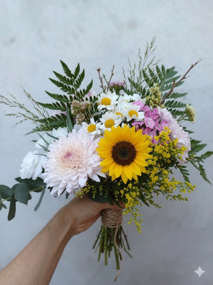 Ramo de crisantemos con girasoles y flores de estación - Imagen 2